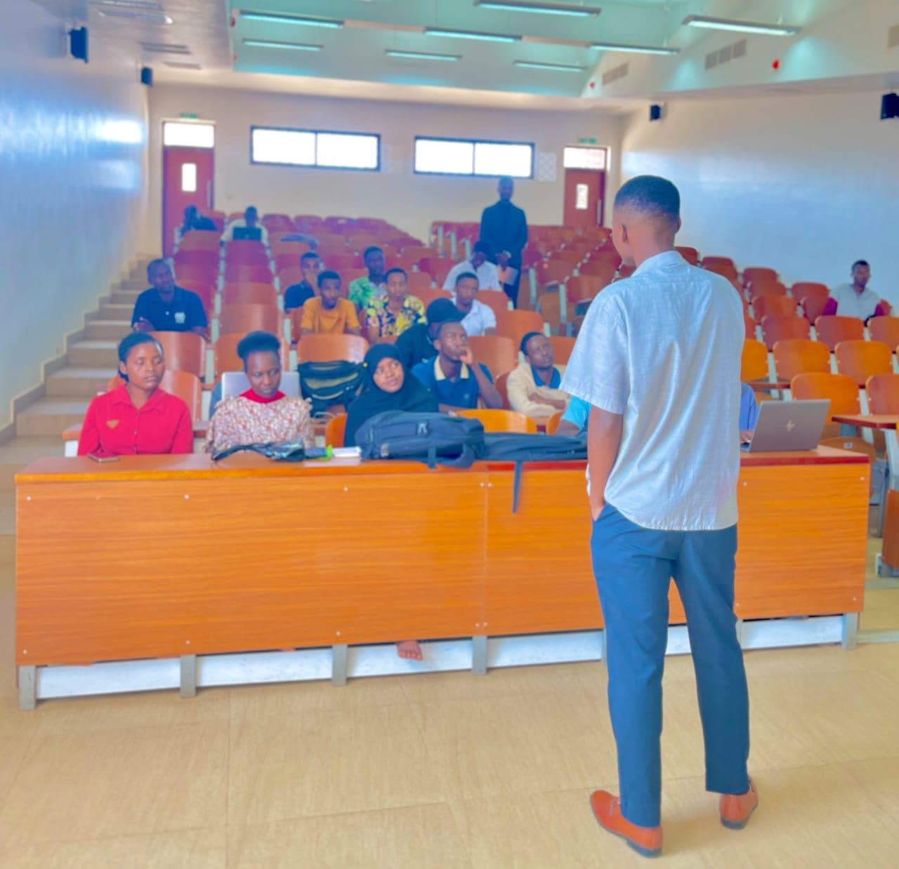 Collably founder speaking to students at the launch event, University of Dodoma